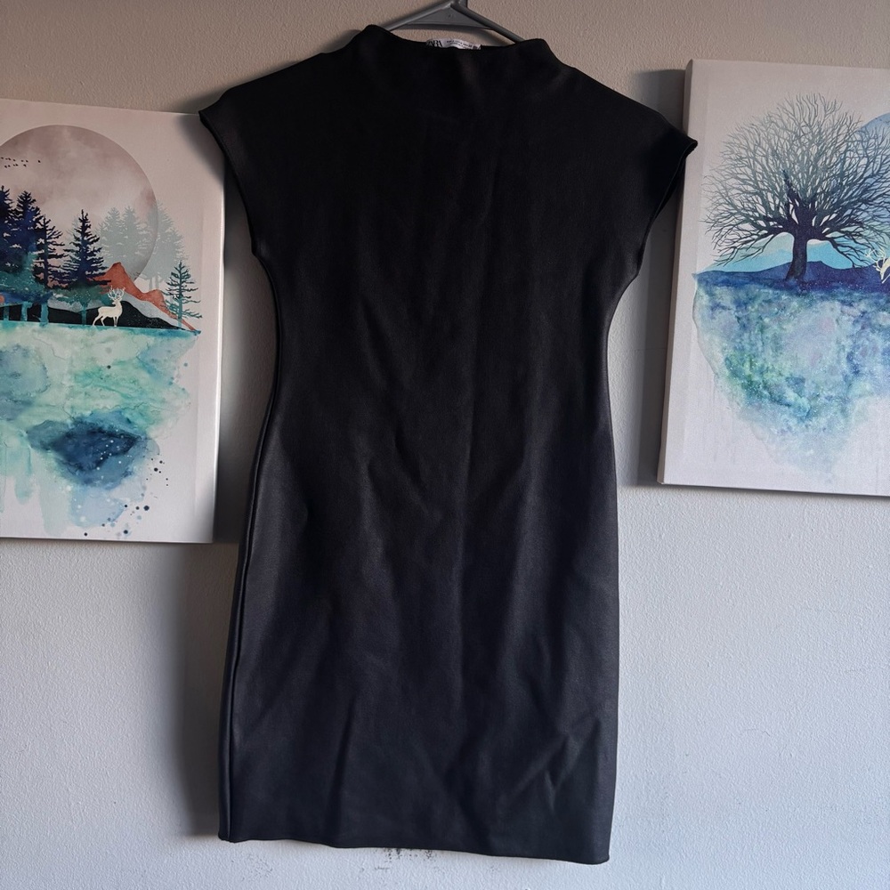 Zara Black MockNeck Bodycon Y2K Faux Leather Structured Dress Cap Sleeve- Small